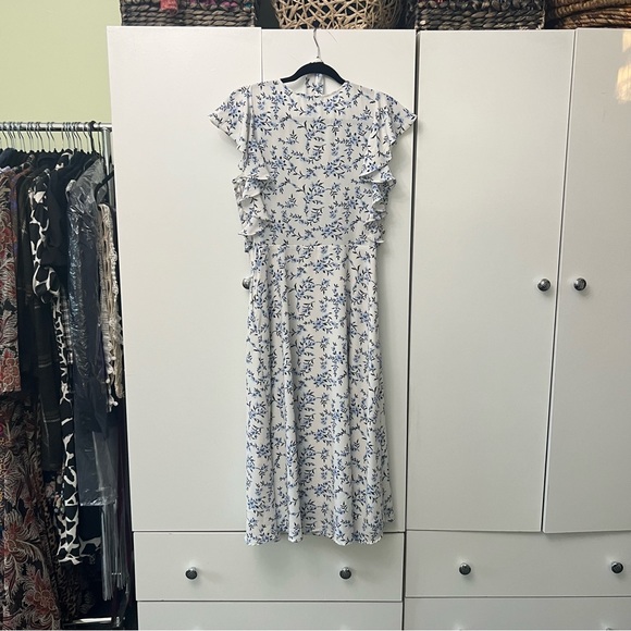1. SLATE Blue & White Floral Sleeveless Ruffle Midi Modest Dress V-Neck Sz 8 - Picture 4 of 16